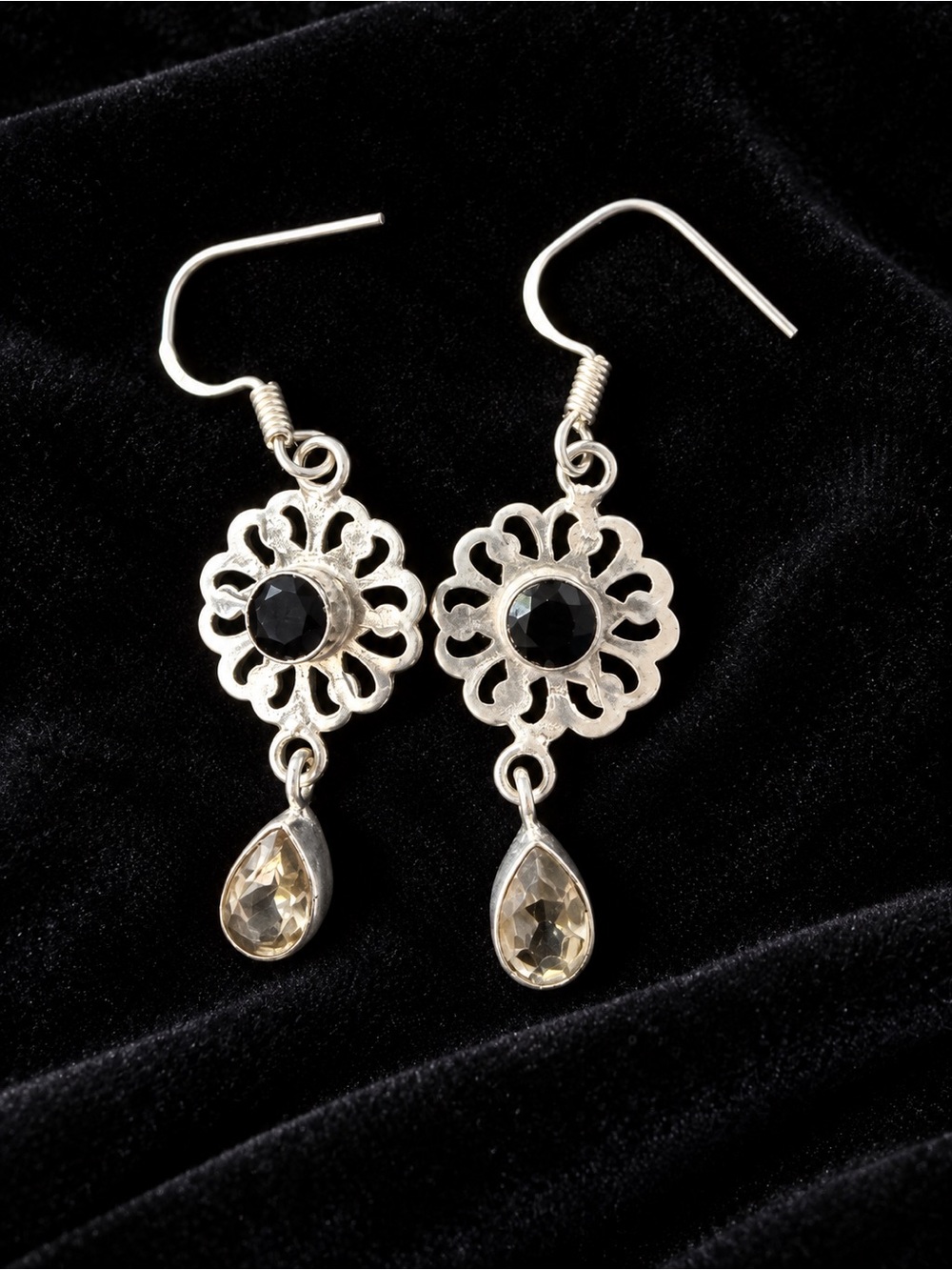 Sterling Silver Floral Drop Earrings with Black and Champagne Stones